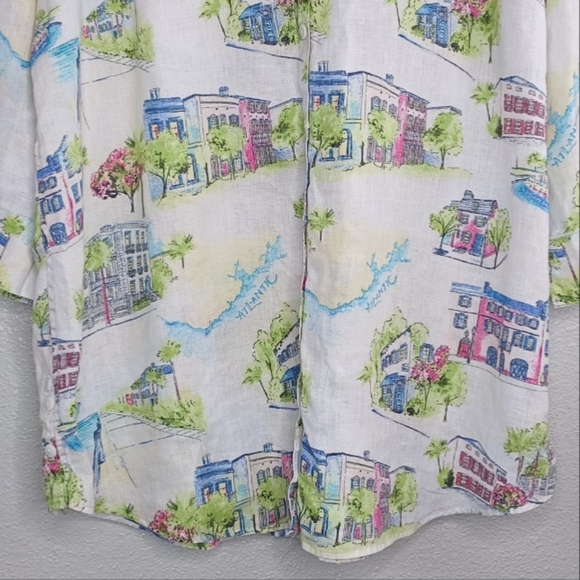 Chico's 100% Linen Novelty City Print Sz 3 Long Sleeve Button Down Front Blouse - Picture 5 of 15